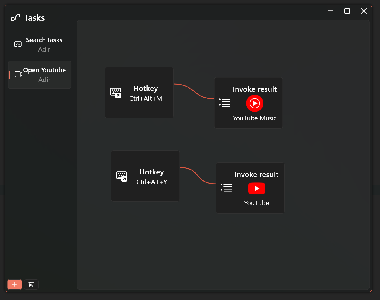 Image showing Task project, Hotkey Ctrl+Alt+M connected to Youtube Music, and hotkey Ctrl+Alt+Y connected to Youtube app