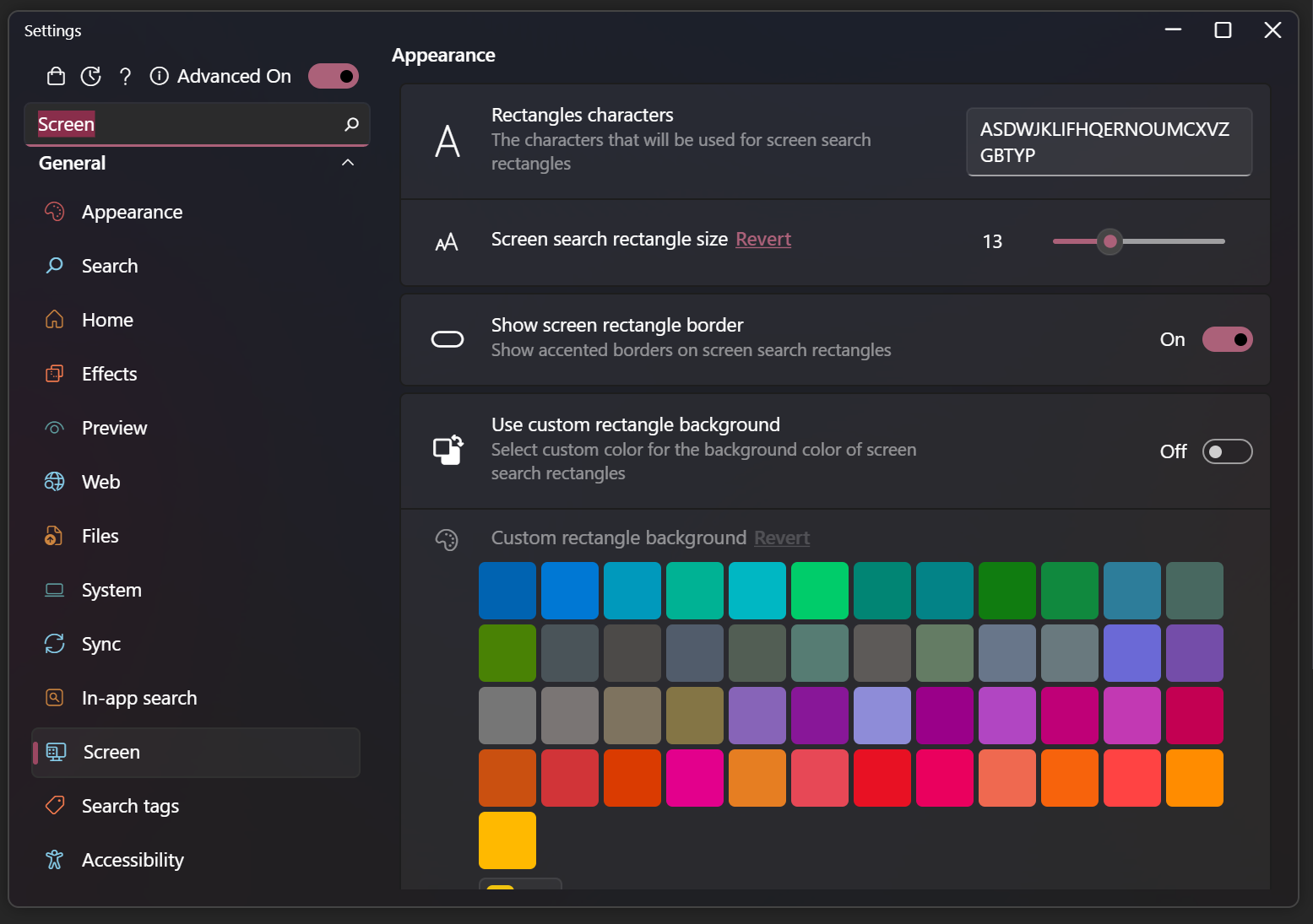 Screen search customizations settings